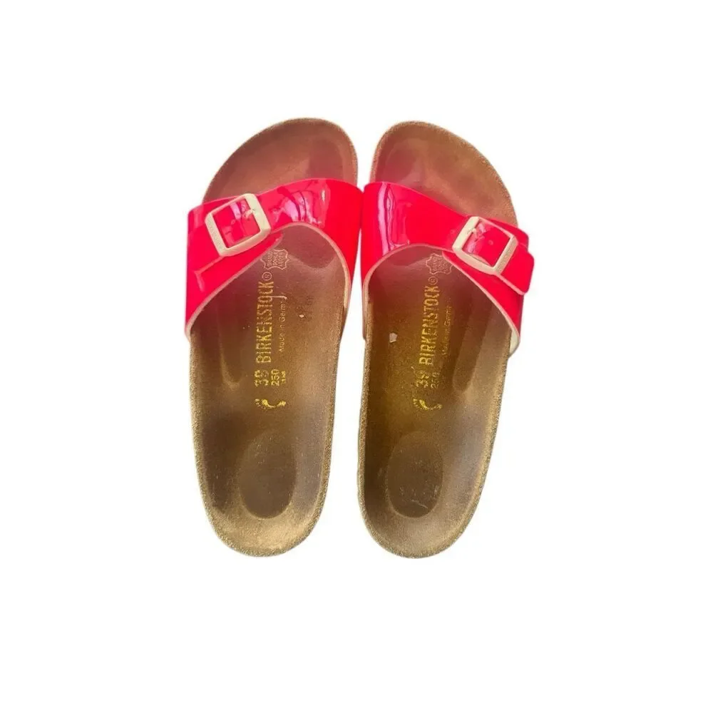 Birkenstock Womens Neon Pink Madrid Birko-Flor Patent Leather Slide Sandals Sz 8